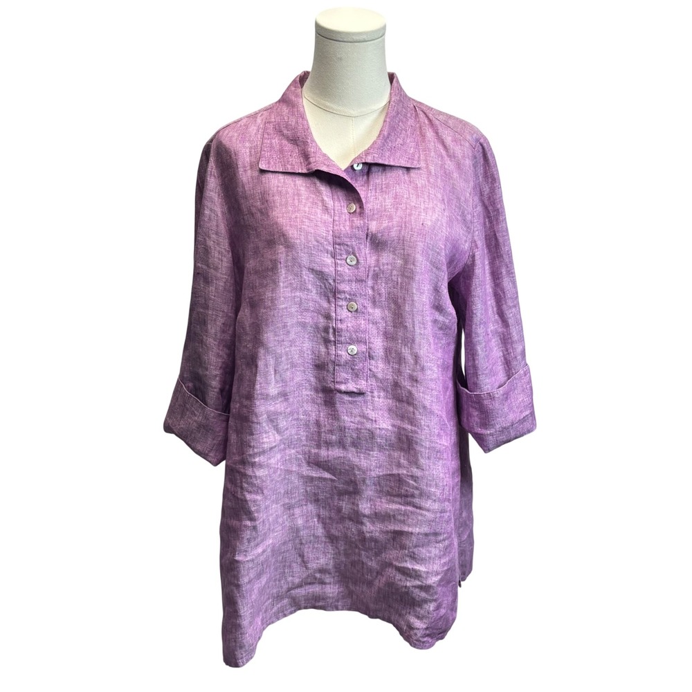 Chico's Linen Tunic Top Purple Lavender Button Front Coastal Lagenlook Sz‎ 1
